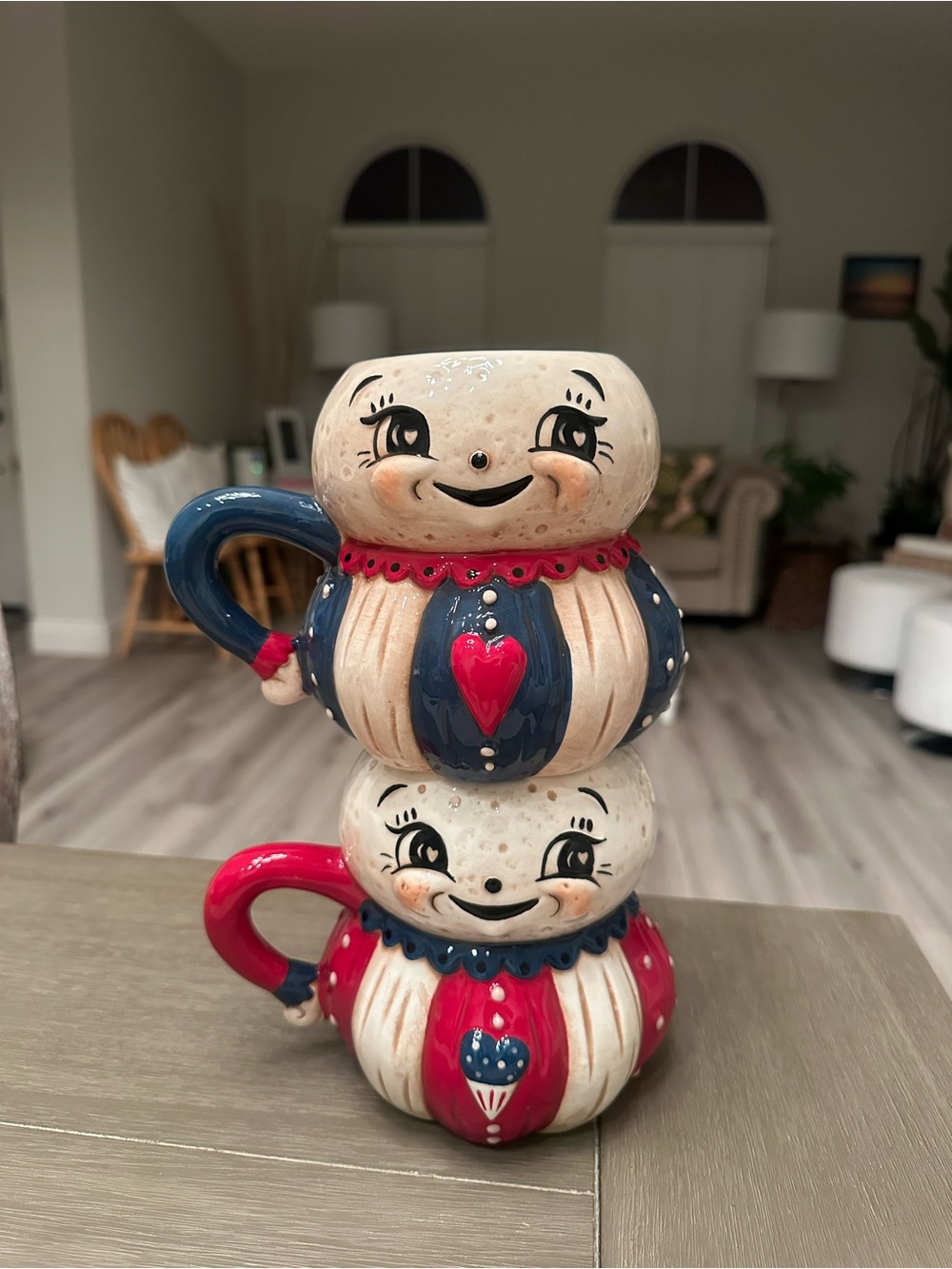 Ceramic Red & Blue Stacked Snowman Mugs - Charming Holiday Drinkware